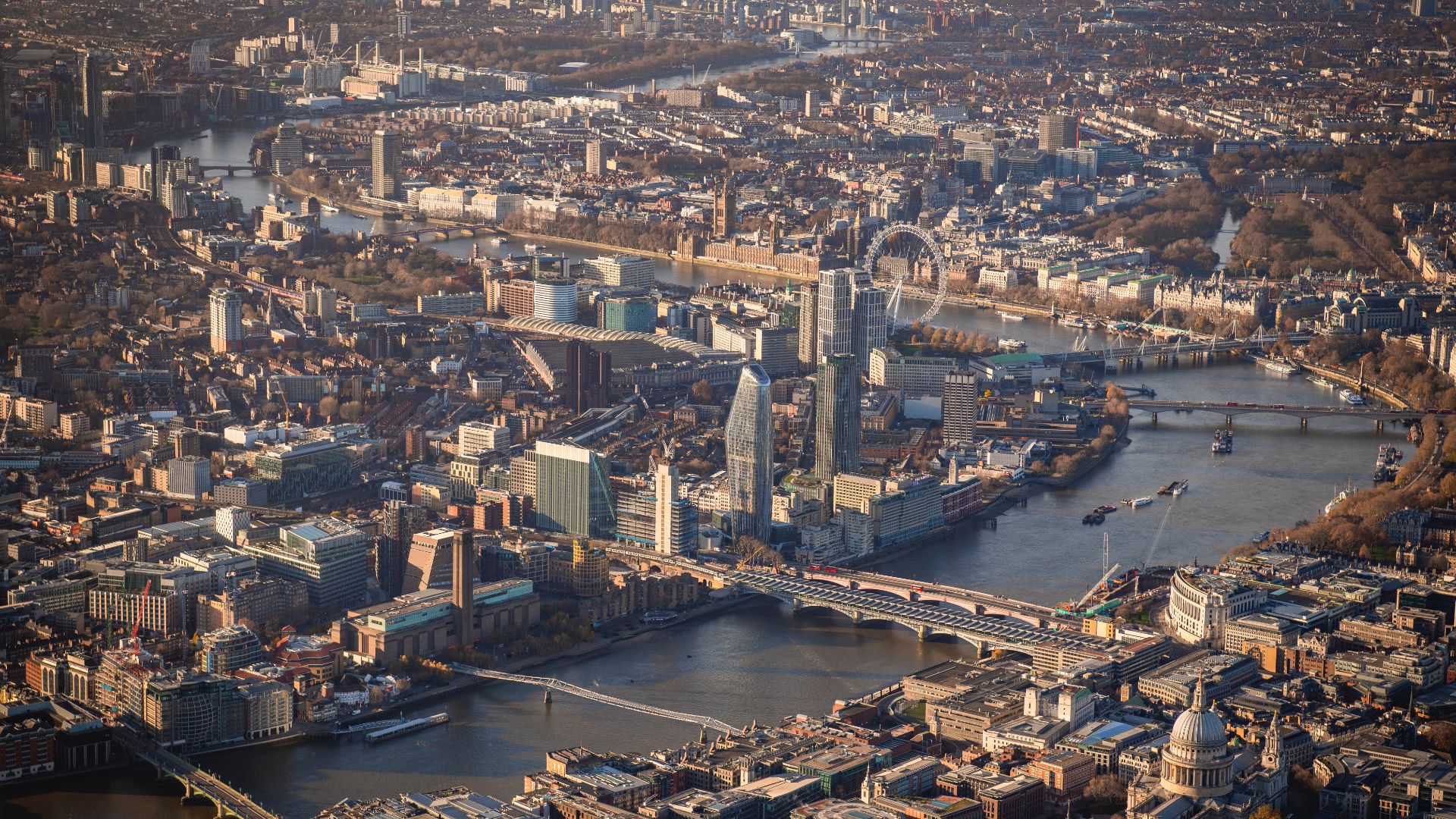 An aerial view of One Millennium Bridge in the heart of London at dusk